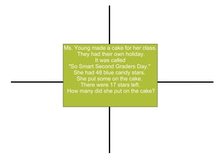 Ms. Young made a cake for her class. They had their own holiday. It was called  "So Smart Second Graders Day."  She had 48 blue candy stars.  She put some on the cake.  There were 17 stars left. How many did she put on the cake? Restate Illustrate or Pull out Important Information Compute (+, -, x, -) Explain 
