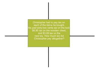 Christopher had to pay tax on each of the items he bought. He paid sixty-two cents tax on the lock, $6.90 tax on the wooden chest, and $3.09 tax on the new toy. How much tax did Christopher pay altogether? Restate Illustrate or Pull out Important Information Compute (+, -, x, -) Explain 
