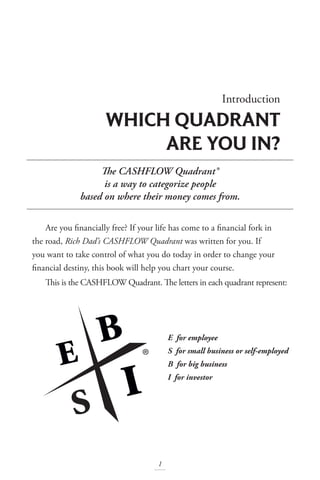 Are you financially free? If your life has come to a financial fork in
the road, Rich Dad’s CASHFLOW Quadrant was written for you. If
you want to take control of what you do today in order to change your
financial destiny, this book will help you chart your course.
This is the CASHFLOW Quadrant. The letters in each quadrant represent:
E for employee
S for small business or self-employed
B for big business
I for investor
The CASHFLOW Quadrant®
is a way to categorize people
based on where their money comes from.
Introduction
WHICH QUADRANT
ARE YOU IN?
1
 