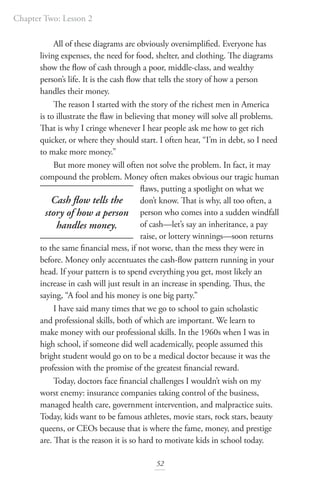 Chapter Two: Lesson 2
52
All of these diagrams are obviously oversimplified. Everyone has
living expenses, the need for food, shelter, and clothing. The diagrams
show the flow of cash through a poor, middle-class, and wealthy
person’s life. It is the cash flow that tells the story of how a person
handles their money.
The reason I started with the story of the richest men in America
is to illustrate the flaw in believing that money will solve all problems.
That is why I cringe whenever I hear people ask me how to get rich
quicker, or where they should start. I often hear, “I’m in debt, so I need
to make more money.”
But more money will often not solve the problem. In fact, it may
compound the problem. Money often makes obvious our tragic human
flaws, putting a spotlight on what we
don’t know. That is why, all too often, a
person who comes into a sudden windfall
of cash—let’s say an inheritance, a pay
raise, or lottery winnings—soon returns
to the same financial mess, if not worse, than the mess they were in
before. Money only accentuates the cash-flow pattern running in your
head. If your pattern is to spend everything you get, most likely an
increase in cash will just result in an increase in spending. Thus, the
saying, “A fool and his money is one big party.”
I have said many times that we go to school to gain scholastic
and professional skills, both of which are important. We learn to
make money with our professional skills. In the 1960s when I was in
high school, if someone did well academically, people assumed this
bright student would go on to be a medical doctor because it was the
profession with the promise of the greatest financial reward.
Today, doctors face financial challenges I wouldn’t wish on my
worst enemy: insurance companies taking control of the business,
managed health care, government intervention, and malpractice suits.
Today, kids want to be famous athletes, movie stars, rock stars, beauty
queens, or CEOs because that is where the fame, money, and prestige
are. That is the reason it is so hard to motivate kids in school today.
Cash flow tells the
story of how a person
handles money.
 