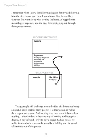 Chapter Two: Lesson 2
60
I remember when I drew the following diagram for my dad showing
him the direction of cash flow. I also showed him the ancillary
expenses that went along with owning the home. A bigger home
meant bigger expenses, and the cash flow kept going out through
the expense column.
Today, people still challenge me on the idea of a house not being
an asset. I know that for many people, it is their dream as well as
their largest investment. And owning your own home is better than
nothing. I simply offer an alternate way of looking at this popular
dogma. If my wife and I were to buy a bigger, flashier house, we
realize it wouldn’t be an asset. It would be a liability since it would
take money out of our pocket.
Assets
BALANCE SHEET
Liabilities
Income
Expenses
INCOME STATEMENT
Mortgage Payment
Property Tax
Insurance
Maintenance
Utilities
Mortgage
 