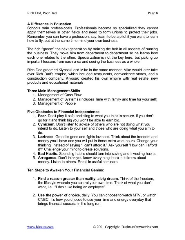 rich dad poor dad essay Pdf summary of the book rich dad poor dad rich dad's lesson: learn the business where you do your job so that you can start your own. rich dad poor dad essay Pdf summary of the book rich dad poor dad rich dad's lesson: learn the business where you do your job so that you can start your own.