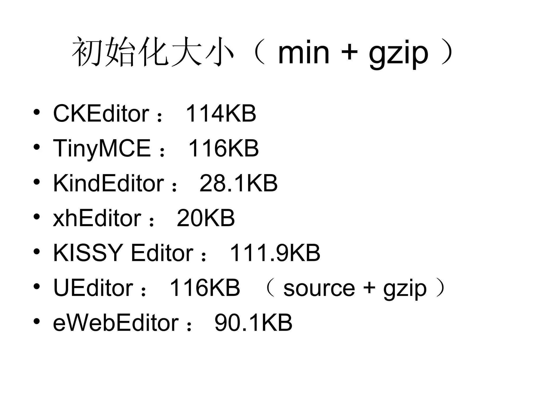 初始化大小（ min + gzip ） CKEditor ： 114KB TinyMCE ： 116KB KindEditor ： 28.1KB xhEditor ： 20KB KISSY Editor ： 111.9KB UEditor ： 116KB  （ source + gzip ） eWebEditor ： 90.1KB 