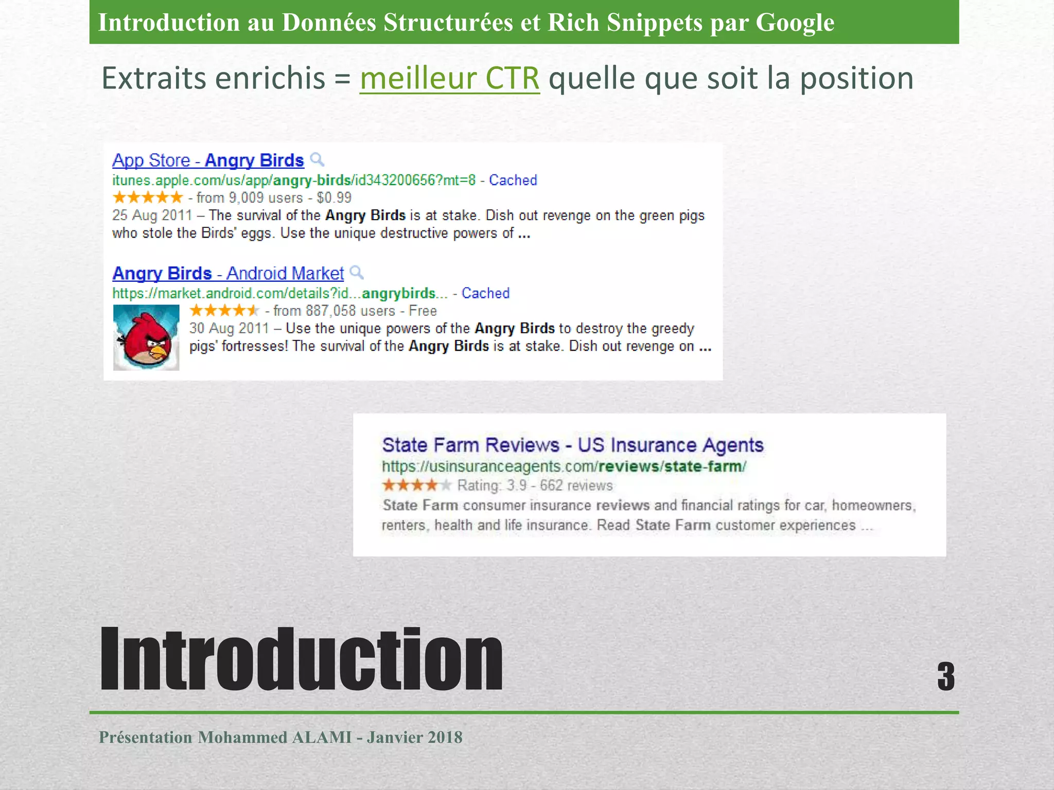 Introduction
Présentation Mohammed ALAMI - Janvier 2018
3
Extraits enrichis = meilleur CTR quelle que soit la position
Introduction au Données Structurées et Rich Snippets par Google
 