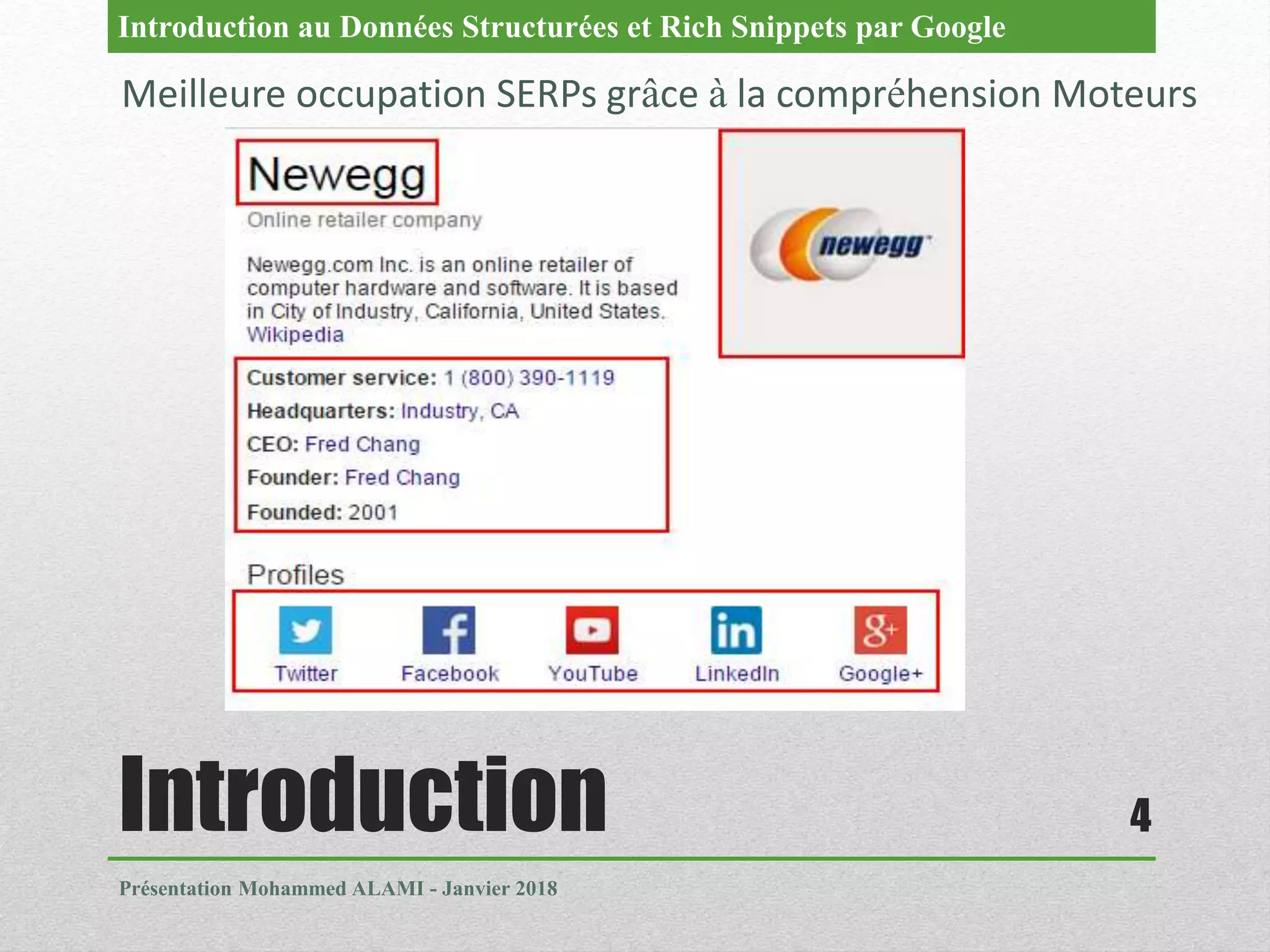 Introduction
Présentation Mohammed ALAMI - Janvier 2018
4
Meilleure occupation SERPs grâce à la compréhension Moteurs
Introduction au Données Structurées et Rich Snippets par Google
 