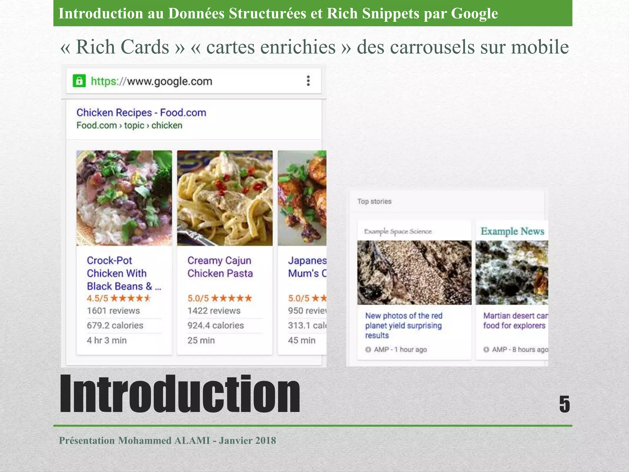 Introduction
Présentation Mohammed ALAMI - Janvier 2018
5
« Rich Cards » « cartes enrichies » des carrousels sur mobile
Introduction au Données Structurées et Rich Snippets par Google
 