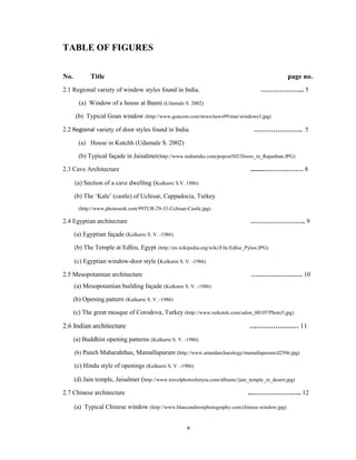 TABLE OF FIGURES


No.          Title                                                                                page no.
2.1 Regional variety of window styles found in India.                                  ………………... 5

        (a) Window of a house at Banni (Udamale S. 2002)

      (b) Typical Goan window (http://www.goacom.com/news/news99/mar/windows3.jpg)

2.2 Regional variety of door styles found in India.                                 ………………….. 5

        (a) House in Kutchh (Udamale S. 2002)

        (b) Typical façade in Jaisalmer(http://www.indiamike.com/popost502/Doors_in_Rajasthan.JPG)

2.3 Cave Architecture                                                             ........………………. 8

      (a) Section of a cave dwelling (Kulkarni S.V. 1986)

      (b) The ‘Kale’ (castle) of Uchisar, Cappadocia, Turkey
        (http://www.photoseek.com/99TUR-29-33-Uchisar-Castle.jpg)

2.4 Egyptian architecture                                                         …………………….. 9

      (a) Egyptian façade (Kulkarni S. V. -1986)

      (b) The Temple at Edfeu, Egypt (http://en.wikipedia.org/wiki/File:Edfoe_Pylon.JPG)

      (c) Egyptian window-door style (Kulkarni S. V. -1986)

2.5 Mesopotamian architecture                                                     …………………… 10
      (a) Mesopotamian building façade (Kulkarni S. V. -1986)

      (b) Opening pattern (Kulkarni S. V. -1986)

      (c) The great mosque of Corodova, Turkey (http://www.turkotek.com/salon_00107/Photo5.jpg)

2.6 Indian architecture                                                           ………………… 11
      (a) Buddhist opening patterns (Kulkarni S. V. -1986)

      (b) Panch Maharahthas, Mamallapuram (http://www.artandarchaeology/mamallapuram/d2506.jpg)

      (c) Hindu style of openings (Kulkarni S. V. -1986)

      (d) Jain temple, Jaisalmer (http://www.travelphotosforyou.com/albums//jain_temple_in_desert.jpg)

2.7 Chinese architecture                                                         ...………………….. 12

      (a) Typical Chinese window (http://www.blancandnoirphotography.com/chinese-window.jpg)


                                                       v
 