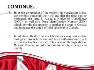 CONTINUE…
5. If, at the completion of the review, the conclusion is that
the benefits outweigh the risks and that the risks can be
mitigated, the drug is issued a Notice of Compliance
(NOC), as well as a Drug Identification Number (DIN)
which permits the sponsor to market the drug in Canada
and indicates the drug's official approval in Canada.
6. In addition, Health Canada laboratories may test certain
biological products before and after authorization to sell
in Canada has been issued. This is done through its Lot
Release Process, in order to monitor safety, efficacy and
quality.
 