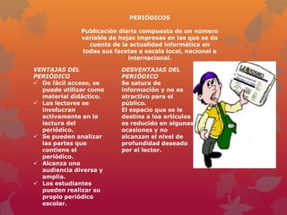 PERIÓDICOS

              Publicación diaria compuesta de un número
              variable de hojas impresas en las que se da
                cuenta de la actualidad informática en
              todas sus facetas a escala local, nacional e
                             internacional.

VENTAJAS DEL              DESVENTAJAS DEL
PERIÓDICO                 PERIÓDICO
 De fácil acceso, se     Se satura de
  puede utilizar como     información y no es
  material didáctico.     atractivo para el
 Los lectores se         público.
  involucran              El espacio que se le
  activamente en la       destina a loa artículos
  lectura del             es reducido en algunas
  periódico.              ocasiones y no
 Se pueden analizar      alcanzan el nivel de
  las partes que          profundidad deseado
  contiene el             por el lector.
  periódico.
 Alcanza una
  audiencia diversa y
  amplia.
 Los estudiantes
  pueden realizar su
  propio periódico
  escolar.
 