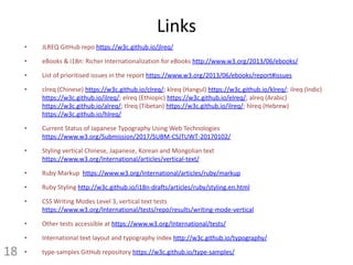 Links
• JLREQ GitHub repo https://w3c.github.io/jlreq/
• eBooks & i18n: Richer Internationalization for eBooks http://www.w3.org/2013/06/ebooks/
• List of prioritised issues in the report https://www.w3.org/2013/06/ebooks/report#issues
• clreq (Chinese) https://w3c.github.io/clreq/; klreq (Hangul) https://w3c.github.io/klreq/; ilreq (Indic)
https://w3c.github.io/ilreq/; elreq (Ethiopic) https://w3c.github.io/elreq/; alreq (Arabic)
https://w3c.github.io/alreq/; tlreq (Tibetan) https://w3c.github.io/ilreq/; hlreq (Hebrew)
https://w3c.github.io/hlreq/
• Current Status of Japanese Typography Using Web Technologies
https://www.w3.org/Submission/2017/SUBM-CSJTUWT-20170102/
• Styling vertical Chinese, Japanese, Korean and Mongolian text
https://www.w3.org/International/articles/vertical-text/
• Ruby Markup https://www.w3.org/International/articles/ruby/markup
• Ruby Styling http://w3c.github.io/i18n-drafts/articles/ruby/styling.en.html
• CSS Writing Modes Level 3, vertical text tests
https://www.w3.org/International/tests/repo/results/writing-mode-vertical
• Other tests accessible at https://www.w3.org/International/tests/
• International text layout and typography index http://w3c.github.io/typography/
• type-samples GitHub repository https://w3c.github.io/type-samples/18
 