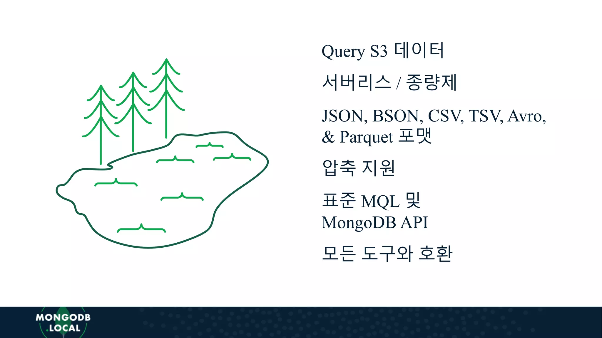 Query S3 데이터
서버리스 / 종량제
JSON, BSON, CSV, TSV, Avro,
& Parquet 포맷
압축 지원
표준 MQL 및
MongoDB API
모든 도구와 호환
 