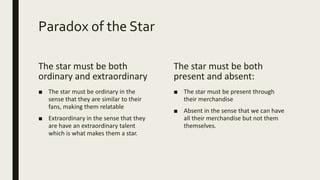 Paradox of the Star
The star must be both
ordinary and extraordinary
■ The star must be ordinary in the
sense that they are similar to their
fans, making them relatable
■ Extraordinary in the sense that they
are have an extraordinary talent
which is what makes them a star.
The star must be both
present and absent:
■ The star must be present through
their merchandise
■ Absent in the sense that we can have
all their merchandise but not them
themselves.
 