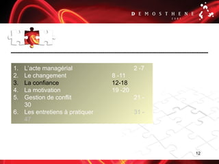 12
1. L’acte managérial 2 -7
2. Le changement 8 -11
3. La confiance 12-18
4. La motivation 19 -20
5. Gestion de conflit 21 -
30
6. Les entretiens à pratiquer 31 -
47
 