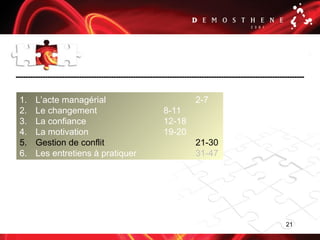 21
.
1. L’acte managérial 2-7
2. Le changement 8-11
3. La confiance 12-18
4. La motivation 19-20
5. Gestion de conflit 21-30
6. Les entretiens à pratiquer 31-47
 