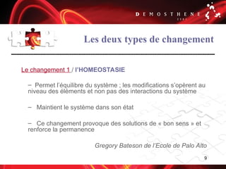 9
Les deux types de changement
Le changement 1 / l’HOMEOSTASIE
– Permet l’équilibre du système ; les modifications s’opèrent au
niveau des éléments et non pas des interactions du système
– Maintient le système dans son état
– Ce changement provoque des solutions de « bon sens » et
renforce la permanence
Gregory Bateson de l’Ecole de Palo Alto
 