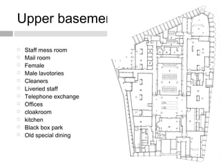 Upper basement plan
 Staff mess room
 Mail room
 Female
 Male lavotories
 Cleaners
 Liveried staff
 Telephone exchange
 Offices
 cloakroom
 kitchen
 Black box park
 Old special dining
 