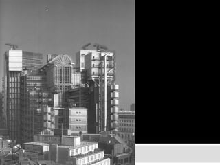 Client: Corporation of Lloyd's of London
Bussiness nature: Insurance
Design Team:
Richard Rogers Partnership
Structural Engineer:
Ove Arup & Partners
Services Engineer:
Ove Arup & Partners
Quantity Surveyor:
Monk Dunstone Mahon & Sears
Lighting:
Friederich Wagner of Liccttehnische Planung
Acoustics:
Sandy Brown Associates
 