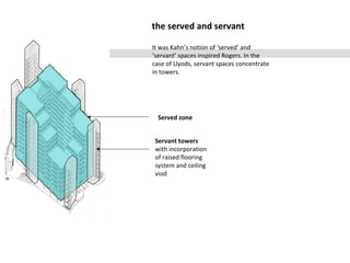 the served and servant
It was Kahn’s notion of ‘served’ and
‘servant’ spaces inspired Rogers. In the
case of Llyods, servant spaces concentrate
in towers.
Served zone
Servant towers
with incorporation
of raised flooring
system and ceiling
viod
 