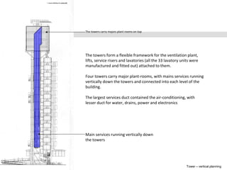 Tower – vertical planning
The towers form a flexible framework for the ventilation plant,
lifts, service risers and lavatories (all the 33 lavatory units were
manufactured and fitted out) attached to them.
Four towers carry major plant-rooms, with mains services running
vertically down the towers and connected into each level of the
building.
The largest services duct contained the air-conditioning, with
lesser duct for water, drains, power and electronics
The towers carry majors plant rooms on top
Main services running vertically down
the towers
 