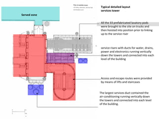 Typical detailed layout
services tower
All the 33 prefabricated lavatory pods
were brought to the site on trucks and
then hoisted into position prior to linking
up to the service riser
Access and escape routes were provided
by means of lifts and staircases
service risers with ducts for water, drains,
power and electronics running vertically
down the towers and connected into each
level of the building
The largest services duct contained the
air-conditioning running vertically down
the towers and connected into each level
of the building.
Served zone
 
