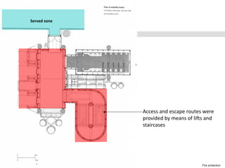 Fire protection
Access and escape routes were
provided by means of lifts and
staircases
Served zone
 
