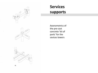 Services
supports
Axonometrics of
the pre-cast
concrete ‘kit of
parts’ for the
sevices towers
 