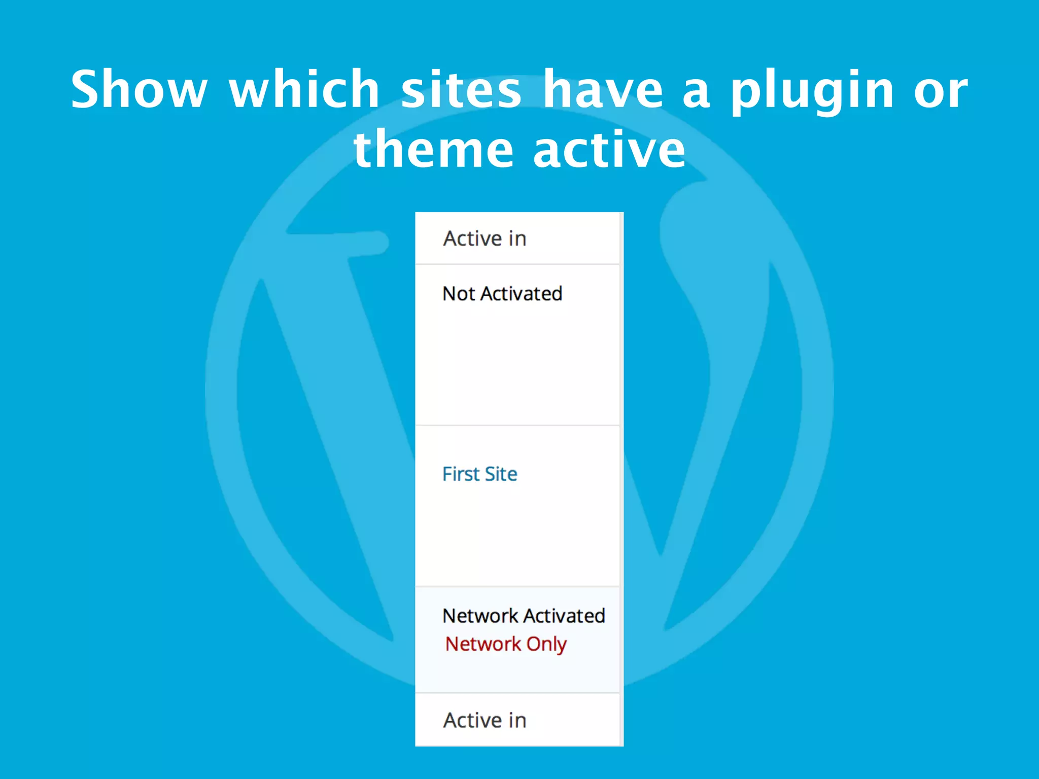 Show which sites have a plugin or
theme active
 