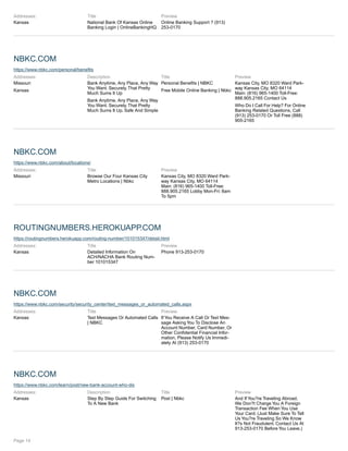 Addresses:
Kansas
Title
National Bank Of Kansas Online
Banking Login | OnlineBankingHQ
Preview
Online Banking Support ? (913)
253-0170
NBKC.COM
https://www.nbkc.com/personal/benefits
Addresses:
Missouri
Kansas
Description
Bank Anytime, Any Place, Any Way
You Want. Securely. That Pretty
Much Sums It Up
Bank Anytime, Any Place, Any Way
You Want. Securely. That Pretty
Much Sums It Up. Safe And Simple
Title
Personal Benefits | NBKC
Free Mobile Online Banking | Nbkc
Preview
Kansas City, MO 8320 Ward Park-
way Kansas City, MO 64114
Main: (816) 965-1400 Toll-Free:
888.905.2165 Contact Us
Who Do I Call For Help? For Online
Banking Related Questions, Call
(913) 253-0170 Or Toll Free (888)
905-2165
NBKC.COM
https://www.nbkc.com/about/locations/
Addresses:
Missouri
Title
Browse Our Four Kansas City
Metro Locations | Nbkc
Preview
Kansas City, MO 8320 Ward Park-
way Kansas City, MO 64114
Main: (816) 965-1400 Toll-Free:
888.905.2165 Lobby Mon-Fri: 8am
To 5pm
ROUTINGNUMBERS.HEROKUAPP.COM
https://routingnumbers.herokuapp.com/routing-number/101015347/detail.html
Addresses:
Kansas
Title
Detailed Information On
ACH/NACHA Bank Routing Num-
ber 101015347
Preview
Phone 913-253-0170
NBKC.COM
https://www.nbkc.com/security/security_center/text_messages_or_automated_calls.aspx
Addresses:
Kansas
Title
Text Messages Or Automated Calls
| NBKC
Preview
If You Receive A Call Or Text Mes-
sage Asking You To Disclose An
Account Number, Card Number, Or
Other Confidential Financial Infor-
mation, Please Notify Us Immedi-
ately At (913) 253-0170
NBKC.COM
https://www.nbkc.com/learn/post/new-bank-account-who-dis
Addresses:
Kansas
Description
Step By Step Guide For Switching
To A New Bank
Title
Post | Nbkc
Preview
And If You?re Traveling Abroad,
We Don?t Charge You A Foreign
Transaction Fee When You Use
Your Card. (Just Make Sure To Tell
Us You?re Traveling So We Know
It?s Not Fraudulent. Contact Us At
913-253-0170 Before You Leave.)
Page 14
 