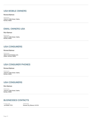 USA MOBILE OWNERS
Richard Balman
Addresses:
15322 W 150th Street, Olathe,
Kansas, 66062
EMAIL OWNERS USA
Rich Balman
Addresses:
15322 W 150th Street, Olathe,
Kansas, 66062
USA CONSUMERS
Richard Balman
Addresses:
16272 S Summertree Lane,
Olathe, Kansas, 66062
USA CONSUMER PHONES
Richard Balman
Addresses:
15322 W 150th Street, Olathe,
Kansas, 66062
USA CONSUMERS
Rich Balman
Addresses:
15322 W 150th Street, Olathe,
Kansas, 66062
BUSINESSES CONTACTS
Current Job:
at SPRINT PCS
Addresses:
Kansas City, Missouri, 64134
Page 27
 