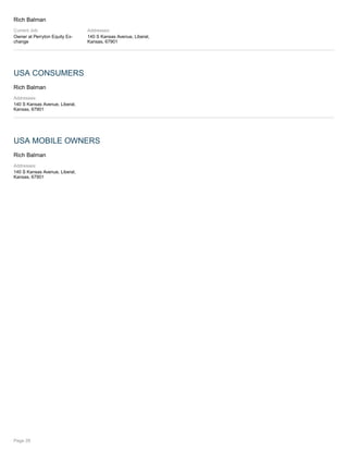 Rich Balman
Current Job:
Owner at Perryton Equity Ex-
change
Addresses:
140 S Kansas Avenue, Liberal,
Kansas, 67901
USA CONSUMERS
Rich Balman
Addresses:
140 S Kansas Avenue, Liberal,
Kansas, 67901
USA MOBILE OWNERS
Rich Balman
Addresses:
140 S Kansas Avenue, Liberal,
Kansas, 67901
Page 29
 