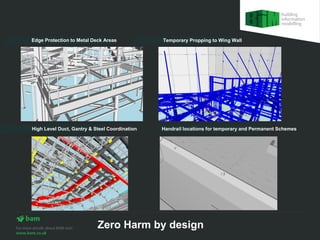 Edge Protection to Metal Deck Areas            Temporary Propping to Wing Wall




High Level Duct, Gantry & Steel Coordination   Handrail locations for temporary and Permanent Schemes




                           Zero Harm by design
 