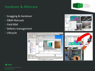 Handover & Aftercare

•   Snagging & Handover
•   O&M Manuals
•   Field BIM
•   Defects management
•   Lifecycle
 