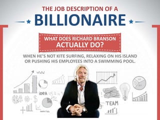 THE JOB DESCRIPTION OF A
BILLIONAIRE
WHAT DOES RICHARD BRANSON
ACTUALLY DO?
WHEN HE’S NOT KITE SURFING, RELAXING ON HIS ISLAND
OR PUSHING HIS EMPLOYEES INTO A SWIMMING POOL.
 
