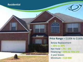 Residential
Below Replacement
= 20% to 30%
Net Yield = 7% C 8%
Financing = 50% to 75% LTV
3 year leases
Minimum = $10 000
Price Range = $100k to $160k
 