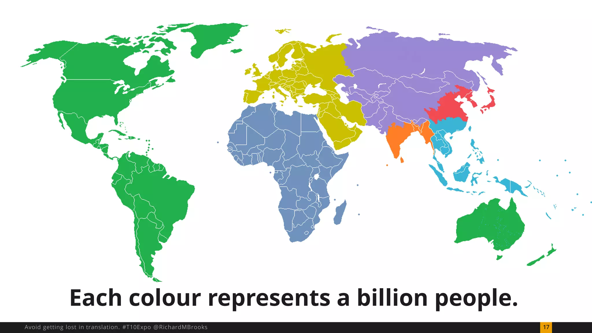 Each colour represents a billion people. 
Avoid getting lost in translation. #T10Expo @RichardMBrooks 17 
 