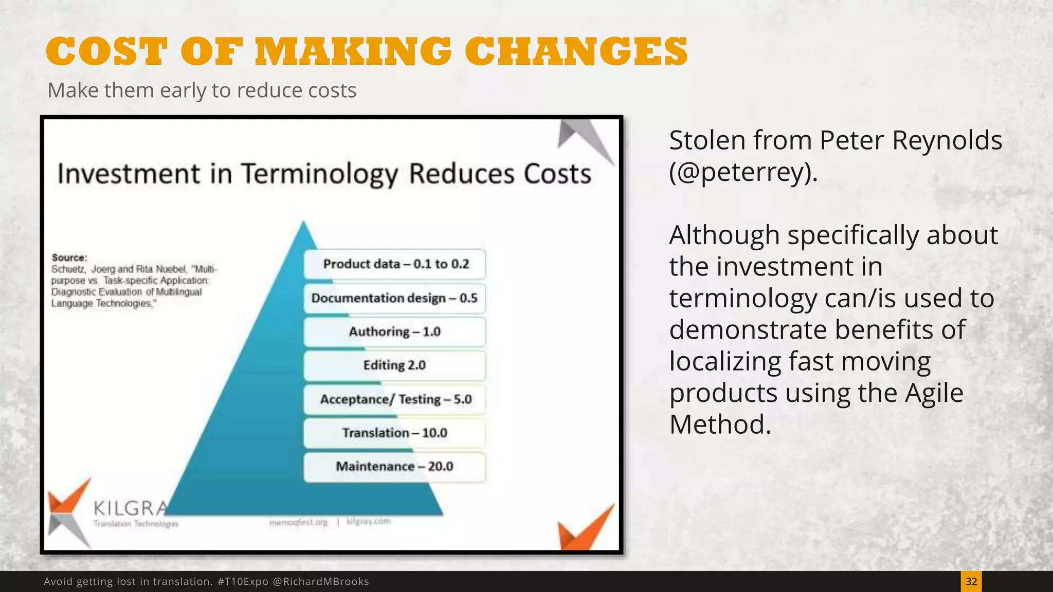COST OF MAKING CHANGES 
Make them early to reduce costs 
Stolen from Peter Reynolds 
(@peterrey). 
Although specifically about 
the investment in 
terminology can/is used to 
demonstrate benefits of 
localizing fast moving 
products using the Agile 
Method. 
Avoid getting lost in translation. #T10Expo @RichardMBrooks 32 
 