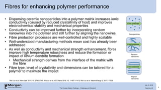 Fibres for enhancing polymer performance
• Dispersing ceramic nanoparticles into a polymer matrix increases ionic
conductivity (caused by reduced crystallinity of host) and improves
electrochemical stability and mechanical properties
• Conductivity can be improved further by incorporating random
nanowires into the polymer and still further by aligning the nanowires
• Fibre production processes are well-controlled and highly scalable
• Well-understood manufacturing methods mean cost has already been
addressed
• As well as conductivity and mechanical strength enhancement, fibres
improve high temperature robustness and reduce the formation or
impact of lithium dendrite formation
• Mechanical strength derives from the interface of the matrix with
the fibre
• Fibre type, level of crystallinity and dimensions can be tailored for a
polymer to maximize the impact
8
Wei Liu et al, Nano Lett. 2015, 15, 2740-2745; Wei Liu et at, ACS Nano 2016, 10, 11407-11413; Wei Liu et al. Nature Energy 2, 2017, 17035
“The Faraday Battery Challenge – Challenges and Solutions” Ceramics UK
July 10, 2019
 