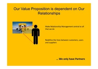 Our Value Proposition is dependent on Our
             Relationships


                  Make Relationship Management central to all
                  Make Relationship Management central to all 
                  that we do




                  Redefine the lines between customers, users 
                  and suppliers
                  and suppliers




                              … We only have Partners
                                     l h
 