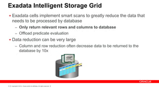Exadata Intelligent Storage Grid
  Exadata cells implement smart scans to greatly reduce the data that
     needs to be processed by database
           – Only return relevant rows and columns to database
           – Offload predicate evaluation
  Data reduction can be very large
           – Column and row reduction often decrease data to be returned to the
                  database by 10x




12   Copyright © 2012, Oracle and/or its affiliates. All rights reserved.
 