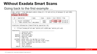 Without Exadata Smart Scans
Going back to the first example …
                    SQL> select * from dwh_bowie where album_id = 42 and artist_id between 42 and 4200;
                    266176 rows selected.
                    Elapsed: 00:04:43.38
                    -------------------------------------------------------------------------------
                    | Id | Operation          | Name      | Rows | Bytes | Cost (%CPU)| Time      |
                    -------------------------------------------------------------------------------
                    |   0 | SELECT STATEMENT |            |   266K|    23M| 2348K (1)| 07:49:45 |
                    |* 1 | TABLE ACCESS FULL| DWH_BOWIE |     266K|    23M| 2348K (1)| 07:49:45 |
                    -------------------------------------------------------------------------------
                    Predicate Information (identified by operation id):
                    ---------------------------------------------------
                       1 - filter("ALBUM_ID"=42 AND "ARTIST_ID"<=4200 AND "ARTIST_ID">=42)
                    Statistics
                    ----------------------------------------------------------
                              1 recursive calls
                              0 db block gets
                        8644512 consistent gets
                        8625479 physical reads
                              0 redo size
                       12279634 bytes sent via SQL*Net to client
                         195719 bytes received via SQL*Net from client
                          17747 SQL*Net roundtrips to/from client
                              0 sorts (memory)
                              0 sorts (disk)
                         266176 rows processed



23   Copyright © 2012, Oracle and/or its affiliates. All rights reserved.
 