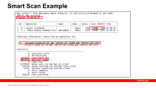 Smart Scan Example
              SQL> select * from dwh_bowie where album_id = 42 and artist_id between 42 and 4200;
              266176 rows selected.
              Elapsed: 00:00:03.97

              ---------------------------------------------------------------------------------------
              | Id | Operation                  | Name      | Rows | Bytes | Cost (%CPU)| Time      |
              ---------------------------------------------------------------------------------------
              |   0 | SELECT STATEMENT          |           |   266K|    23M| 2348K (1)| 07:49:45 |
              |* 1 | TABLE ACCESS STORAGE FULL| DWH_BOWIE |     266K|    23M| 2348K (1)| 07:49:45 |
              ---------------------------------------------------------------------------------------

              Predicate Information (identified by operation id):
              ---------------------------------------------------

                    1 - storage("ALBUM_ID"=42 AND "ARTIST_ID"<=4200 AND "ARTIST_ID">=42)
                        filter("ALBUM_ID"=42 AND "ARTIST_ID"<=4200 AND "ARTIST_ID">=42)

              Statistics
              ----------------------------------------------------------
                        0 recursive calls
                        0 db block gets
                  8626963 consistent gets
                  8625479 physical reads
                        0 redo size
                 12279634 bytes sent via SQL*Net to client
                   195719 bytes received via SQL*Net from client
                    17747 SQL*Net roundtrips to/from client
                        0 sorts (memory)
                        0 sorts (disk)
                   266176 rows processed




24   Copyright © 2012, Oracle and/or its affiliates. All rights reserved.
 