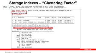 Storage Indexes – “Clustering Factor”
The TOTAL_SALES column however is not well clustered …
                     SQL> select album_id, artist_id from big_bowie where total_sales between 42 and 142;
                     2009 rows selected.
                     Elapsed: 00:00:01.25
                     Execution Plan
                     ---------------------------------------------------------------------------------------
                     | Id | Operation                  | Name      | Rows | Bytes | Cost (%CPU)| Time      |
                     ---------------------------------------------------------------------------------------
                     |   0 | SELECT STATEMENT          |           | 2040 | 26520 | 36700    (1)| 00:07:21 |
                     |* 1 | TABLE ACCESS STORAGE FULL| BIG_BOWIE | 2040 | 26520 | 36700      (1)| 00:07:21 |
                     ---------------------------------------------------------------------------------------
                     Predicate Information (identified by operation id):
                     ---------------------------------------------------
                        1 - storage("TOTAL_SALES"<=142 AND "TOTAL_SALES">=42)
                            filter("TOTAL_SALES"<=142 AND "TOTAL_SALES">=42)
                     Statistics
                     ----------------------------------------------------------
                               1 recursive calls
                               0 db block gets
                          134834 consistent gets
                          134809 physical reads
                               0 redo size
                           47506 bytes sent via SQL*Net to client
                            1987 bytes received via SQL*Net from client
                             135 SQL*Net roundtrips to/from client
                               0 sorts (memory)
                               0 sorts (disk)
                            2009 rows processed



 36   Copyright © 2012, Oracle and/or its affiliates. All rights reserved.
 