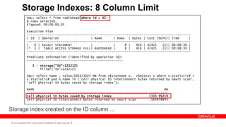 Storage Indexes: 8 Column Limit
                  SQL> select * from radiohead where id = 42;
                  8 rows selected.
                  Elapsed: 00:00:00.05

                  Execution Plan
                  ---------------------------------------------------------------------------------------
                  | Id | Operation                  | Name      | Rows | Bytes | Cost (%CPU)| Time      |
                  ---------------------------------------------------------------------------------------
                  |   0 | SELECT STATEMENT          |           |     8 |   416 | 42425   (1)| 00:08:30 |
                  |* 1 | TABLE ACCESS STORAGE FULL| RADIOHEAD |       8 |   416 | 42425   (1)| 00:08:30 |
                  ---------------------------------------------------------------------------------------
                  Predicate Information (identified by operation id):
                  ---------------------------------------------------
                         1 - storage("ID"=121212)
                             filter("ID"=121212)

                  SQL> select name , value/1024/1024 MB from v$statname n, v$mystat s where n.statistic# =
                  s.statistic# and n.name in ('cell physical IO interconnect bytes returned by smart scan',
                  'cell physical IO bytes saved by storage index');

                  NAME                                                                     MB
                  ---------------------------------------------------------------- ----------
                  cell physical IO bytes saved by storage index                    1333.99219
                  cell physical IO interconnect bytes returned by smart scan       .164878845


Storage index created on the ID column …

52   Copyright © 2012, Oracle and/or its affiliates. All rights reserved.
 