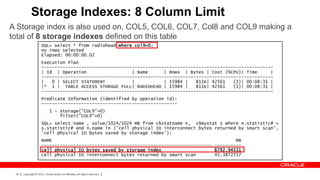 Storage Indexes: 8 Column Limit
A Storage index is also used on, COL5, COL6, COL7, Col8 and COL9 making a
total of 8 storage indexes defined on this table
                      SQL> select * from radiohead where col9=0;
                      no rows selected
                      Elapsed: 00:00:00.02
                      Execution Plan
                      ---------------------------------------------------------------------------------------
                      | Id | Operation                  | Name      | Rows | Bytes | Cost (%CPU)| Time      |
                      ---------------------------------------------------------------------------------------
                      |   0 | SELECT STATEMENT          |           | 15984 |   811K| 42561   (1)| 00:08:31 |
                      |* 1 | TABLE ACCESS STORAGE FULL| RADIOHEAD | 15984 |     811K| 42561   (1)| 00:08:31 |
                      ---------------------------------------------------------------------------------------
                      Predicate Information (identified by operation id):
                      ---------------------------------------------------
                             1 - storage("COL9"=0)
                                 filter("COL9"=0)
                      SQL> select name , value/1024/1024 MB from v$statname n, v$mystat s where n.statistic# =
                      s.statistic# and n.name in ('cell physical IO interconnect bytes returned by smart scan',
                      'cell physical IO bytes saved by storage index');
                      NAME                                                                     MB
                      ---------------------------------------------------------------- ----------
                      cell physical IO bytes saved by storage index                    8792.94531
                      cell physical IO interconnect bytes returned by smart scan       45.3872757



 55   Copyright © 2012, Oracle and/or its affiliates. All rights reserved.
 