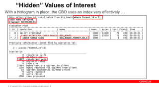 “Hidden” Values of Interest
With a histogram in place, the CBO uses an index very effectively …
  SQL> select album_id, total_sales from big_bowie where format_id = 3;
  1000 rows selected.
  Elapsed: 00:00:00.01
  Execution Plan
  -----------------------------------------------------------------------------------------------------
  | Id | Operation                    | Name                  | Rows | Bytes | Cost (%CPU)| Time      |
  -----------------------------------------------------------------------------------------------------
  |   0 | SELECT STATEMENT            |                       | 1000 | 11000 |     72   (0)| 00:00:01 |
  |   1 | TABLE ACCESS BY INDEX ROWID| BIG_BOWIE              | 1000 | 11000 |     72   (0)| 00:00:01 |
  |* 2 |    INDEX RANGE SCAN          | BIG_BOWIE_FORMAT_ID_I | 1000 |        |     4   (0)| 00:00:01 |
  -----------------------------------------------------------------------------------------------------
  Predicate Information (identified by operation id):
  ---------------------------------------------------
        2 - access("FORMAT_ID"=3)
  Statistics
  ----------------------------------------------------------
            0 recursive calls
            0 db block gets
         1072 consistent gets
            0 physical reads
            0 redo size
        22984 bytes sent via SQL*Net to client
         1250 bytes received via SQL*Net from client
           68 SQL*Net roundtrips to/from client
            0 sorts (memory)
            0 sorts (disk)
         1000 rows processed



 61   Copyright © 2012, Oracle and/or its affiliates. All rights reserved.
 