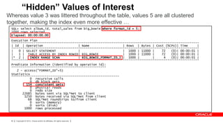 “Hidden” Values of Interest
Whereas value 3 was littered throughout the table, values 5 are all clustered
together, making the index even more effective …
 SQL> select album_id, total_sales from big_bowie where format_id = 5;
 1000 rows selected.
 Elapsed: 00:00:00.00
 Execution Plan
 -----------------------------------------------------------------------------------------------------
 | Id | Operation                    | Name                  | Rows | Bytes | Cost (%CPU)| Time      |
 -----------------------------------------------------------------------------------------------------
 |   0 | SELECT STATEMENT            |                       | 1000 | 11000 |     72   (0)| 00:00:01 |
 |   1 | TABLE ACCESS BY INDEX ROWID| BIG_BOWIE              | 1000 | 11000 |     72   (0)| 00:00:01 |
 |* 2 |    INDEX RANGE SCAN          | BIG_BOWIE_FORMAT_ID_I | 1000 |        |     4   (0)| 00:00:01 |
 -----------------------------------------------------------------------------------------------------
 Predicate Information (identified by operation id):
 ---------------------------------------------------
    2 - access("FORMAT_ID"=5)
 Statistics
 ----------------------------------------------------------
           0 recursive calls
           0 db block gets
         154 consistent gets
           0 physical reads
           0 redo size
       22685 bytes sent via SQL*Net to client
        1250 bytes received via SQL*Net from client
          68 SQL*Net roundtrips to/from client
           0 sorts (memory)
           0 sorts (disk)
        1000 rows processed



 62   Copyright © 2012, Oracle and/or its affiliates. All rights reserved.
 