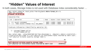 “Hidden” Values of Interest
In both cases, Storage Index is not used with Database index considerably faster …
            SQL> select album_id, total_sales from big_bowie where format_id = 5;
            1000 rows selected.
            Elapsed: 00:00:00.89

            Execution Plan
            ---------------------------------------------------------------------------------------
            | Id | Operation                  | Name      | Rows | Bytes | Cost (%CPU)| Time      |
            ---------------------------------------------------------------------------------------
            |   0 | SELECT STATEMENT          |           | 1000 | 11000 | 36682    (1)| 00:07:21 |
            |* 1 | TABLE ACCESS STORAGE FULL| BIG_BOWIE | 1000 | 11000 | 36682      (1)| 00:07:21 |
            ---------------------------------------------------------------------------------------
            Predicate Information (identified by operation id):
            ---------------------------------------------------
                   1 - storage("FORMAT_ID"=5)
                       filter("FORMAT_ID"=5)
            SQL> select name , value/1024/1024 MB from v$statname n, v$mystat s where n.statistic# =
            s.statistic# and n.name in ('cell physical IO interconnect bytes returned by smart scan',
            'cell physical IO bytes saved by storage index');

            NAME                                                                     MB
            ---------------------------------------------------------------- ----------
            cell physical IO bytes saved by storage index                             0
            cell physical IO interconnect bytes returned by smart scan       .565643311



 64   Copyright © 2012, Oracle and/or its affiliates. All rights reserved.
 