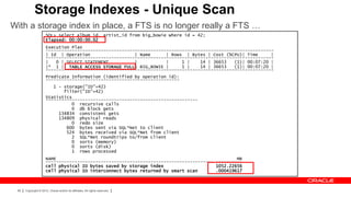 Storage Indexes - Unique Scan
With a storage index in place, a FTS is no longer really a FTS …
                      SQL> select album_id, artist_id from big_bowie where id = 42;
                      Elapsed: 00:00:00.02
                      Execution Plan
                      ---------------------------------------------------------------------------------------
                      | Id | Operation                  | Name      | Rows | Bytes | Cost (%CPU)| Time      |
                      ---------------------------------------------------------------------------------------
                      |   0 | SELECT STATEMENT          |           |     1 |    14 | 36653   (1)| 00:07:20 |
                      |* 1 | TABLE ACCESS STORAGE FULL| BIG_BOWIE |       1 |    14 | 36653   (1)| 00:07:20 |
                      ---------------------------------------------------------------------------------------
                      Predicate Information (identified by operation id):
                      ---------------------------------------------------
                         1 - storage("ID"=42)
                             filter("ID"=42)
                      Statistics
                      ----------------------------------------------------------
                                0 recursive calls
                                0 db block gets
                           134834 consistent gets
                           134809 physical reads
                                0 redo size
                              600 bytes sent via SQL*Net to client
                              524 bytes received via SQL*Net from client
                                2 SQL*Net roundtrips to/from client
                                0 sorts (memory)
                                0 sorts (disk)
                                1 rows processed
                      NAME                                                                     MB
                      ---------------------------------------------------------------- ----------
                      cell physical IO bytes saved by storage index                    1052.22656
                      cell physical IO interconnect bytes returned by smart scan       .000419617



 66   Copyright © 2012, Oracle and/or its affiliates. All rights reserved.
 