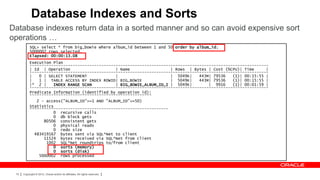 Database Indexes and Sorts
Database indexes return data in a sorted manner and so can avoid expensive sort
operations …
           SQL> select * from big_bowie where album_id between 1 and 50 order by album_id;
           5000002 rows selected.
           Elapsed: 00:00:13.08
           Execution Plan
           ----------------------------------------------------------------------------------------------------
           | Id | Operation                    | Name                 | Rows | Bytes | Cost (%CPU)| Time      |
           ----------------------------------------------------------------------------------------------------
           |   0 | SELECT STATEMENT            |                      | 5049K|    443M| 79536   (1)| 00:15:55 |
           |   1 | TABLE ACCESS BY INDEX ROWID| BIG_BOWIE             | 5049K|    443M| 79536   (1)| 00:15:55 |
           |* 2 |    INDEX RANGE SCAN          | BIG_BOWIE_ALBUM_ID_I | 5049K|        | 9916    (1)| 00:01:59 |
           ----------------------------------------------------------------------------------------------------
           Predicate Information (identified by operation id):
           ---------------------------------------------------
              2 - access("ALBUM_ID">=1 AND "ALBUM_ID"<=50)
           Statistics
           ----------------------------------------------------------
                     0 recursive calls
                     0 db block gets
                 80506 consistent gets
                     0 physical reads
                     0 redo size
             483419167 bytes sent via SQL*Net to client
                 11524 bytes received via SQL*Net from client
                  1002 SQL*Net roundtrips to/from client
                     0 sorts (memory)
                     0 sorts (disk)
               5000002 rows processed



 72   Copyright © 2012, Oracle and/or its affiliates. All rights reserved.
 