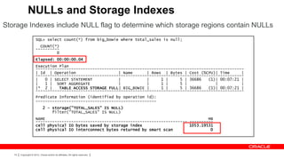 NULLs and Storage Indexes
Storage Indexes include NULL flag to determine which storage regions contain NULLs
                       SQL> select count(*) from big_bowie where total_sales is null;
                         COUNT(*)
                       ----------
                                0
                       Elapsed: 00:00:00.04
                       Execution Plan
                       ----------------------------------------------------------------------------------------
                       | Id | Operation                   | Name      | Rows | Bytes | Cost (%CPU)| Time      |
                       ----------------------------------------------------------------------------------------
                       |   0 | SELECT STATEMENT           |           |     1 |     5 | 36686   (1)| 00:07:21 |
                       |   1 | SORT AGGREGATE             |           |     1 |     5 |            |          |
                       |* 2 |    TABLE ACCESS STORAGE FULL| BIG_BOWIE |     1 |     5 | 36686   (1)| 00:07:21 |
                       ----------------------------------------------------------------------------------------
                       Predicate Information (identified by operation id):
                       ---------------------------------------------------
                              2 - storage("TOTAL_SALES" IS NULL)
                                  filter("TOTAL_SALES" IS NULL)
                       NAME                                                                     MB
                       ---------------------------------------------------------------- ----------
                       cell physical IO bytes saved by storage index                    1053.19531
                       cell physical IO interconnect bytes returned by smart scan                0




   74   Copyright © 2012, Oracle and/or its affiliates. All rights reserved.
 